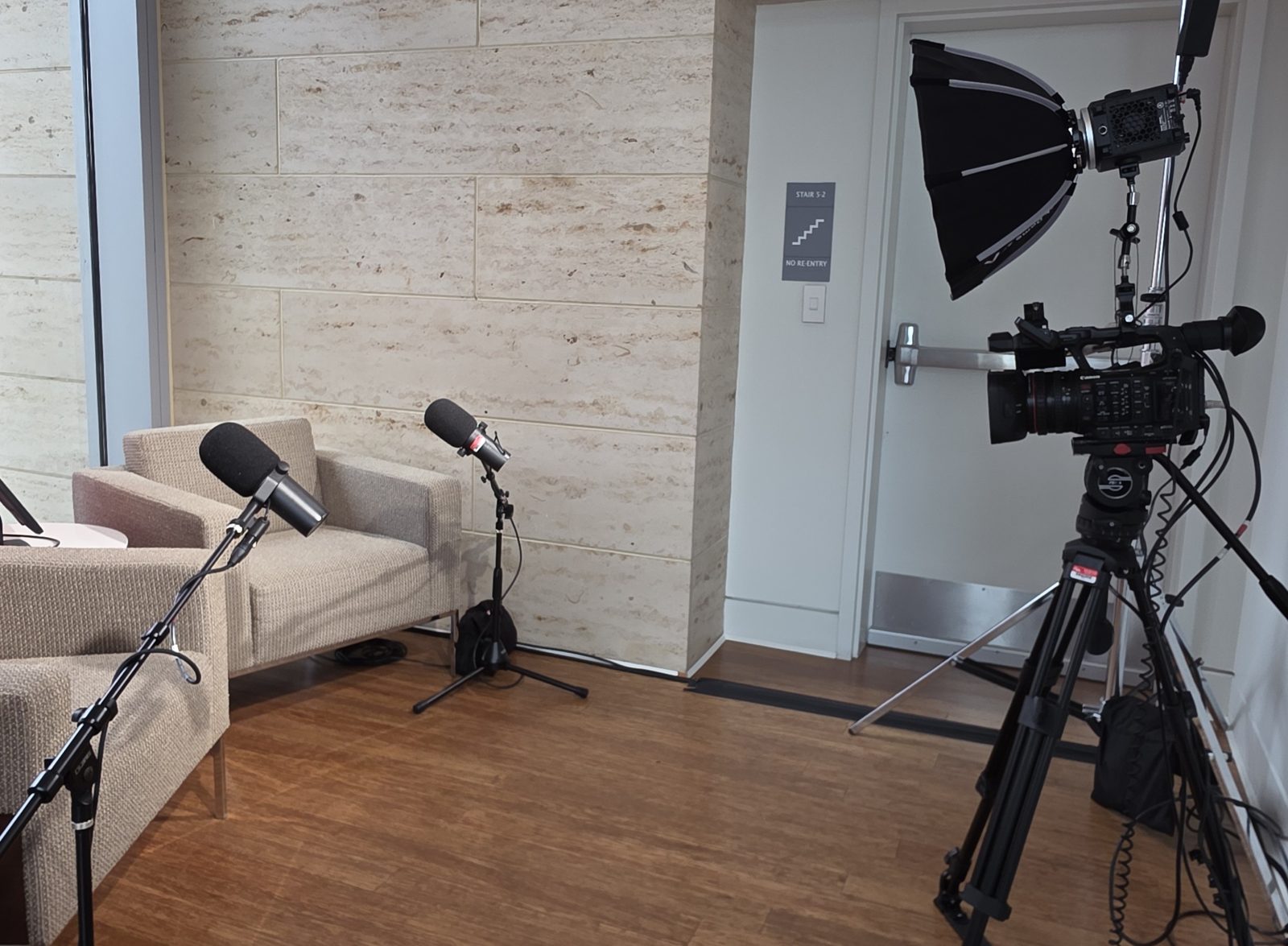 Two armchairs with microphones, a softbox light and a video camera set for an interview